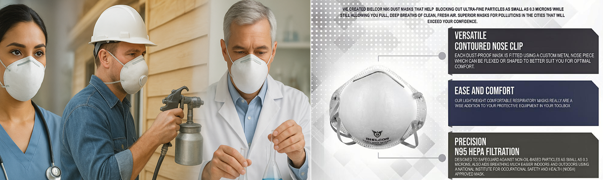 Three people wearing face masks and hard hats with a product image and text on the right.