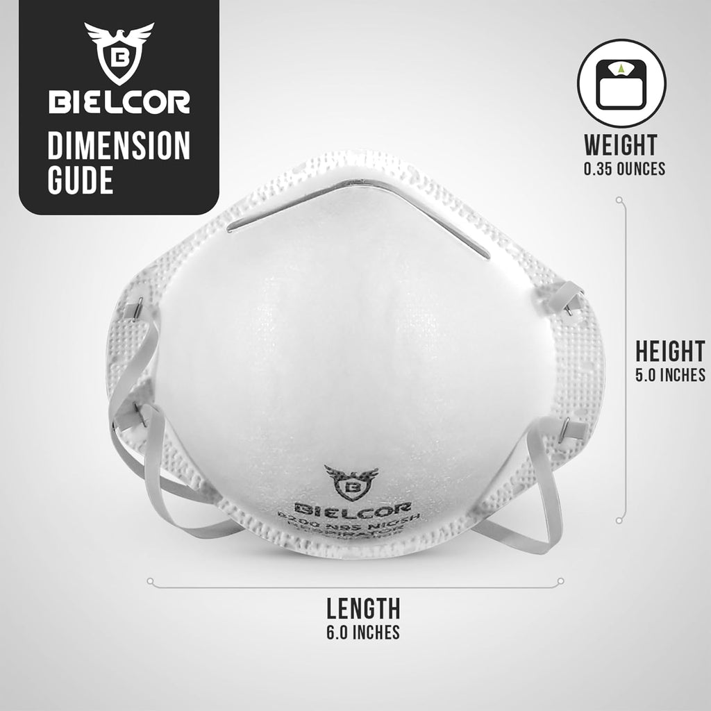 White N95 mask with BIELCOR branding and dimensions